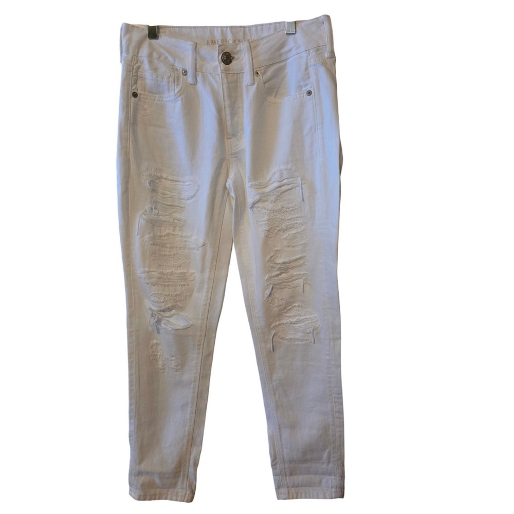 American Eagle Tomgirl Jeans‎ 2 Womens White Distressed Buttonfly Skinny Leg